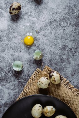 Grup Bıldırcın yumurta çimento arka plan, Paskalya kavramı, üstten görünüm  