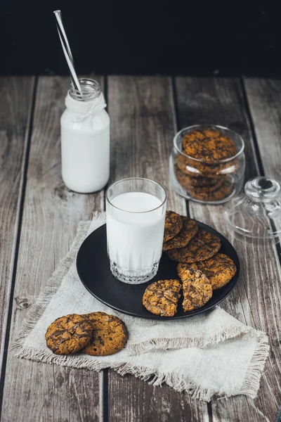 Glass Fresh Milk Homemade Chocolate Chips Cookies Wooden Table — Stock Photo, Image