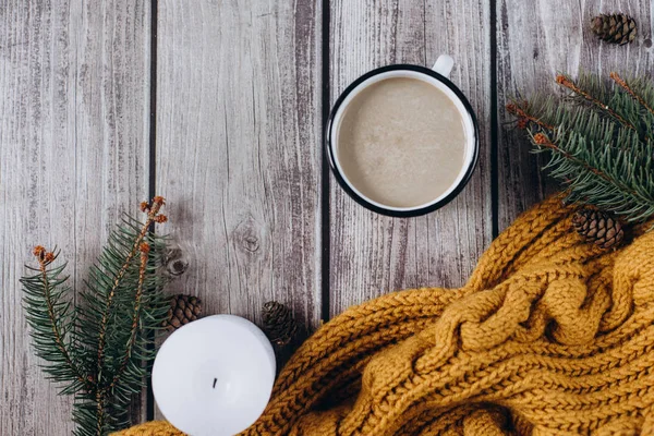 Cup Coffee Milk Candle Bumps Spruce Branches Warm Orange Scarf — Stock Photo, Image
