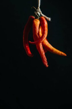 Grup, karanlık bir arka plan üzerinde yazıt tarafından bağlı kırmızı sıcak biber chilies biber. Metin için yer