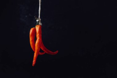 Grup, karanlık bir arka plan üzerinde yazıt tarafından bağlı kırmızı sıcak biber chilies biber. Metin için yer