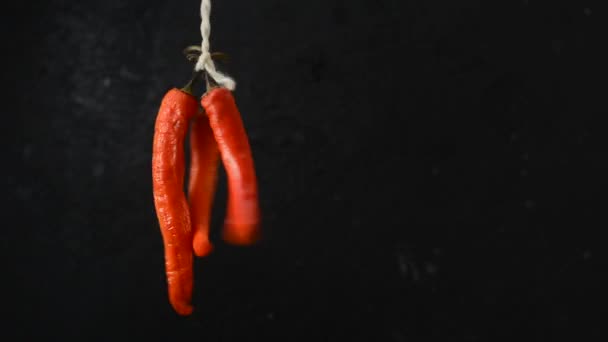 Ett Bundet Gäng Röda Chilipeppar Som Snurra Runt Mörk Bakgrund — Stockvideo