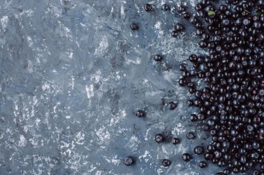   Gri beton zemin üzerine sulu taze yaban mersini. Metin için yer. Üstten görünüm 