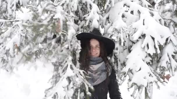 Αργή Κίνηση Happy Και Χαμογελαστό Κορίτσι Ένα Καπέλο Ένα Χειμερινό — Αρχείο Βίντεο