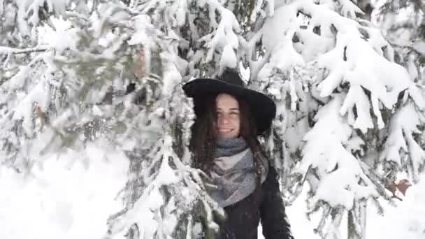 Câmera Lenta Menina Feliz Sorridente Chapéu Parque Inverno Toca Neve — Vídeo de Stock