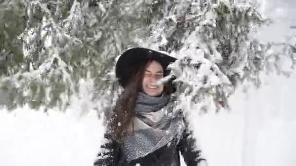 Cámara Lenta Chica Feliz Sonriente Sombrero Parque Invierno Encuentra Debajo — Vídeos de Stock