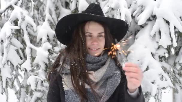 帽子の幸せと笑顔の女の子は降雪中に路上でベンガルを保持します 冬のコンセプト — ストック動画