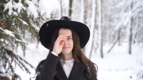 Charmiga Glad Och Leende Flicka Hatt Utgör Trädet Vinter Skog — Stockvideo