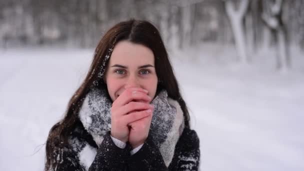 冬の森の背景が魅力的な幸せと笑顔の女の子ポーズ — ストック動画