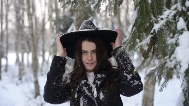 迷人的 快乐的和微笑的女孩戴帽子的姿势在树旁边的冬天的森林 — 图库视频影像