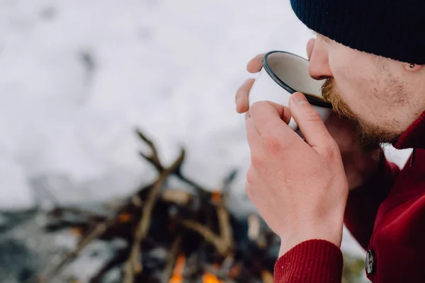 Bearded Man Drinks Coffee Camp Fire Winter Time Concept Adventure — Stock Photo, Image