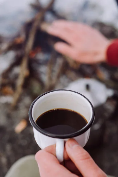 Man Hands Hold Cup Hot Coffee Outdoor Concept Adventure Active — Stock Photo, Image