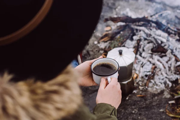 Traveling Girl Sits Camp Fire Cup Hot Coffee Winter Time Stock Photo