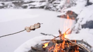 Kar karşı çevrili kamp ateşi üzerinde Marshmallows kavurma kız yakınındaki donmuş gölün. Kavramı macera aktif tatiller açık. Kış Kampı
