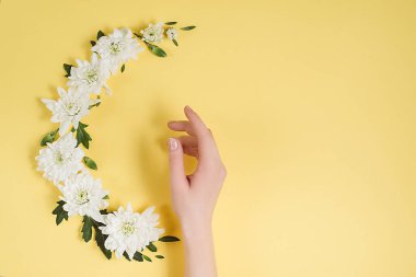 Yaratıcı çiçek kompozisyon. Kadın el ve çelenk çiçek Sarı zemin üzerine beyaz. Düz yatıyordu, en iyi görünüm çok az Festival yaz çiçek kavramı.