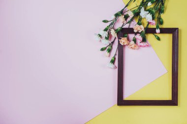 Bahar çiçekleri ile yaratıcı kompozisyon. Beyaz çiçekler ve pastel pembe ve Sarı zemin üzerine ahşap çerçeve. Düz yatıyordu, en iyi görünüm, kopya alanı