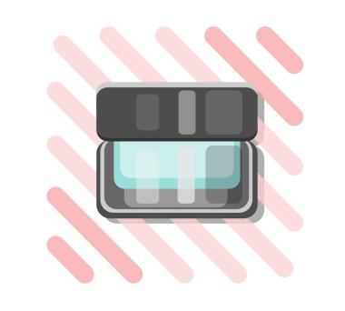 Makyaj aksesuarları. Kapalı kavanoz için cilt bakımı kozmetik ürün dolu. Mavi renk Cam Kavanoz siyah plastik kapak, soyut geometrik pembe arka plan ile. Vektör çizim