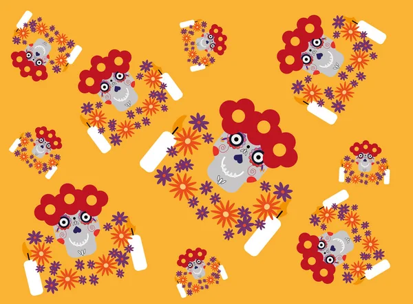 Naadloze vector patroon met suiker schedels en bloemen op een oranje achtergrond. Dag van de dode suiker schedel banner voor Mexicaanse viering, decoratie met bloemen en kleurrijke kunst. — Stockvector