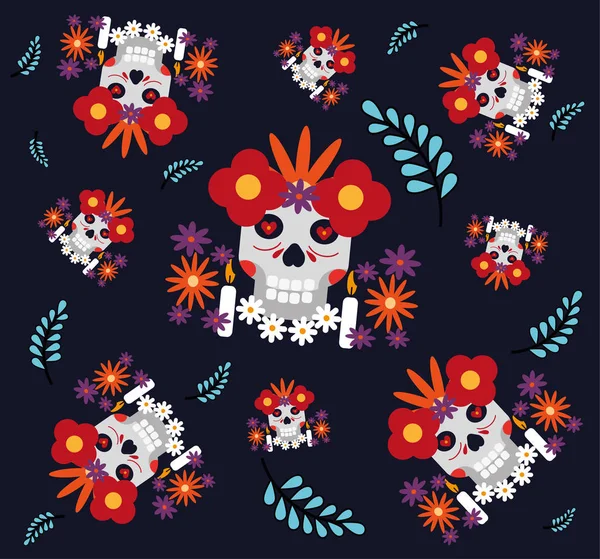 Modèle vectoriel sans couture avec des crânes de sucre et des fleurs sur fond sombre. Jour de la bannière de crâne de sucre mort pour la célébration mexicaine, décoration avec des fleurs et de l'art coloré . — Image vectorielle