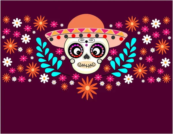 Dia de los muertos, Day of the dead, Mexican holiday, festival. Vector poster, banner and card with make up of sugar skull, man and flowers on red background — Stock Vector