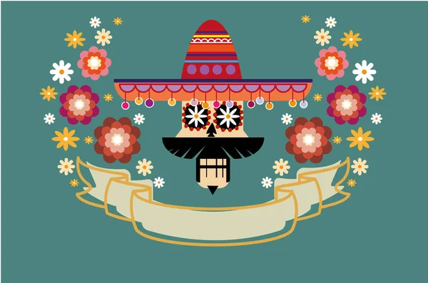 Día de los Muertos, día del cartel muerto. Cráneo de azúcar mexicano con una decoración de sombrero con flores y arte colorido sobre fondo verde. Ilustración vectorial — Vector de stock