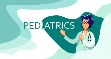 Word Pediatri noktalarında stetoskop ile gözlük gülümseyen kadın doktor. Klinik veya hastane için ziyaret edin. Renkli vektör çizim düz çizgi film tarzı.