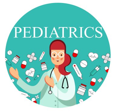 Word Pediatri ve bir hap ve Tıp Şişeler, uyuşturucu, şırınga, kalp, yapışkanlı bandaj gibi sağlık simgeleri, stetoskop puan ile gözlük gülümseyen kadın doktor. Vektör