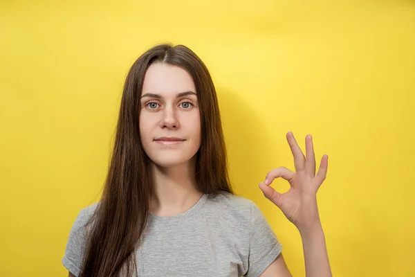 Giovane ragazza attraente si sente felice, fa bene gesto, vestito in grigio T-shirt, ha i capelli lunghi, esprime gioia, dice ok, conferma le informazioni, dà l'approvazione, modelli contro sfondo giallo — Foto Stock