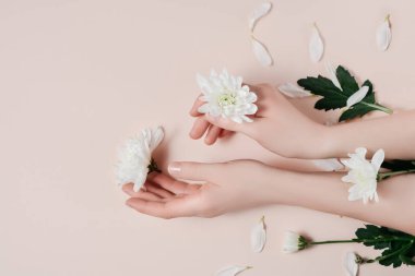 Yaratıcı görüntü güzel kadının el ile kopya alanı minimalist tarzı pembe arka plan üzerinde beyaz çiçekli bakımlı. Kavram şablon kadınsı blog, sosyal medya, güzellik kavramı