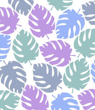 Zemin, kart veya poster şablonu ile egzotik mavi dekore edilmiş, mor ve yeşil monstera beyaz zemin üzerine bırakır. Renkli karikatür vektör çizim düz tarzı