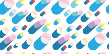 Dizi ilaç, tıp, beyaz arka plan üzerinde izole uyuşturucu ile Seamless modeli. Ağrı kesici tablet, vitamini, ilaç antibiyotik. Sağlık kavramı. Vektör çizim.
