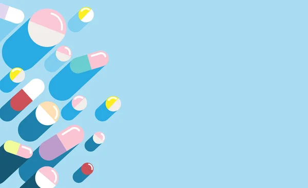 Set von bunten Tabletten und Kapseln auf blauem Hintergrund isoliert - Pillen, Schmerztabletten, Vitamin, pharmazeutische Antibiotika. Gesundheitskonzept. Vektorillustration. Ansicht von oben, Kopierraum — Stockvektor