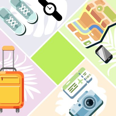 Seyahat veya tatil aksesuarları. Bavul, cep telefonu, harita, parfüm, saç kurutma makinesi, Bilet, kamera ve giysiler. Düz tarzda renkli vektör arka plan.