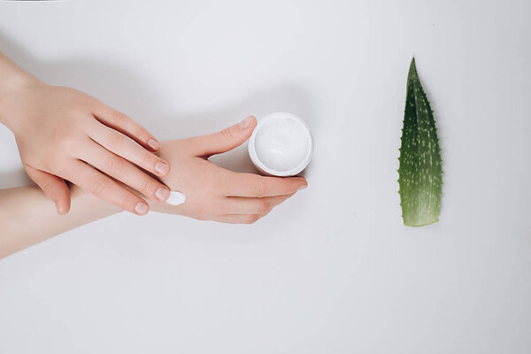 Closeup of beautiful female hands applying cream. Organic cream from Aloe vera fresh leaves on white background. Flat lay, top view, copy space. Healthcare concept.