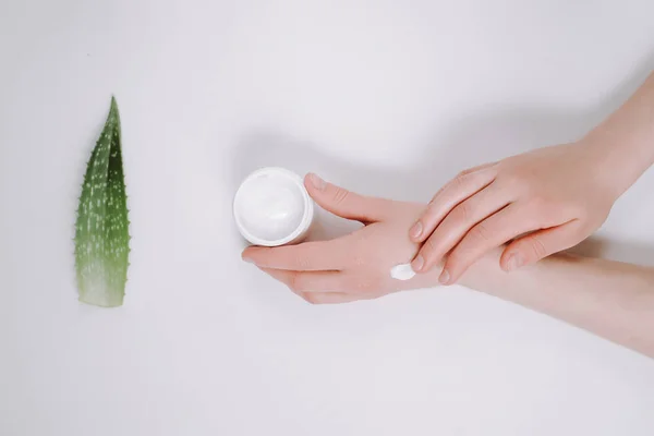 Beautiful groomed woman's hands with organic cream jar and Aloe vera fresh leaves on white background. Moisturizing cream for clean and soft skin. Flat lay, top view, copy space. Healthcare concept. — Stock Photo, Image