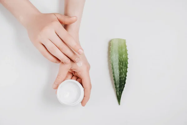 Mãos de mulher groomed bonitas com jarra de creme orgânica e folhas frescas de Aloe vera no fundo branco. Creme hidratante para pele limpa e macia. Deitado plano, vista superior, espaço de cópia. Conceito de saúde . — Fotografia de Stock