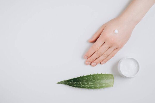 Closeup of beautiful female hand applying cream. Organic cream from Aloe vera fresh leaves on white background. Flat lay, top view, copy space. Healthcare concept.