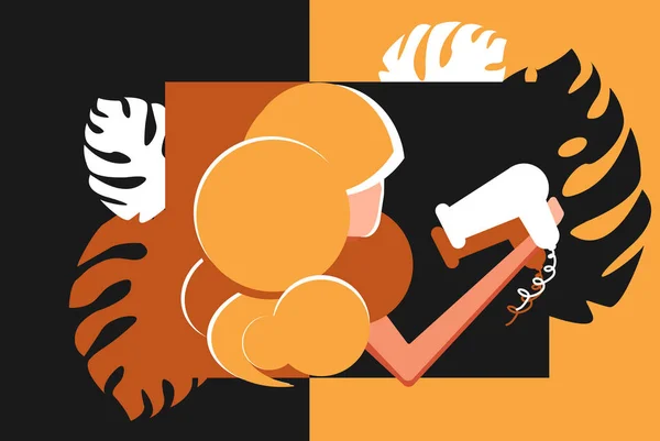 Žena s kudrnatými oranžovými vlasy fouká a Sušila vlasy na přírodním abstraktním pozadí s tropickou exotické lističkou Monstera. Vektorová ilustrace koncept s plochým stylem — Stockový vektor