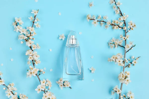 Pastel blue beauty desktop background with Bottle of female perfume and blossom branch cherry. Fashion and Beauty blog layout. Spring minimal concept. Flat lay, top view, copy space.