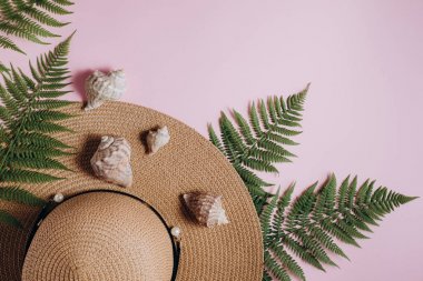 Yaz geçmişi. Gezgin aksesuarları, tropikal eğrelti otu yaprağı dalları, şapka ve pembe arka plan üzerinde deniz kabuğu. Seyahat tatil konsepti. Düz döşeme, üst görünüm, kopyalama alanı