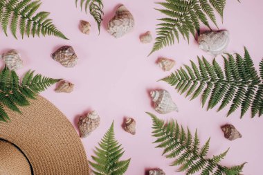 Yaratıcı yaz arka plan. Şapka, tropik eğrelti otu yaprağı dalları, pembe arka plan üzerinde deniz kabuğu. Düz yatıyordu, üst görünüm minimalist kolaj. Seyahat tatil konsepti.