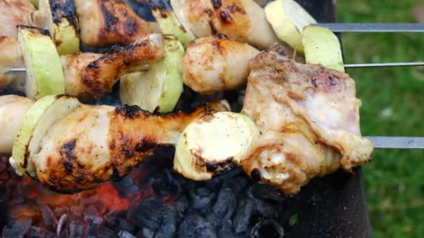 Juicy Kebab Grill Grilla Powolny Ruch Gotowanie Kebaby Szaszłyków Nad — Wideo stockowe