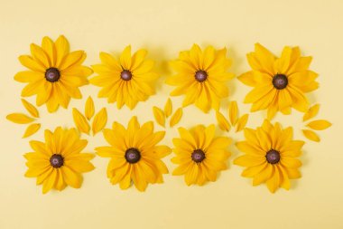 Sarı arka planda temsil edilen sarı çiçekler. Herhangi bir kartpostal veya kutlama kartı dekorasyon için birçok çiçek. Yaz ve sonbahar konsepti. Düz döşeme, üst görünüm, kopyalama alanı