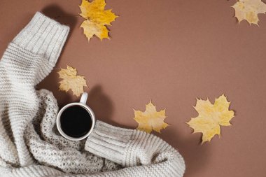 Örme kazak, kahve fincan, kahverengi arka planda sonbahar akçaağaç yaprakları. Düz yatıyordu, üst görünüm, kopya alanı. Kadın giyim.