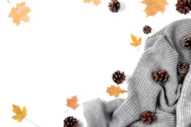 Altın akçaağaç yaprakları, koni, beyaz arka planda kazak ile çalışma alanı. Yaratıcı kompozisyon. Sonbahar veya kış konsepti. Düz yatıyordu, üst görünüm