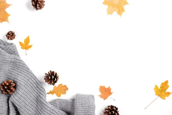 Autumn composition. Maple leaves, cones, sweater on white background.Autumn, fall, thanksgiving day concept. Flat lay, top view, copy space. — Stock Photo, Image