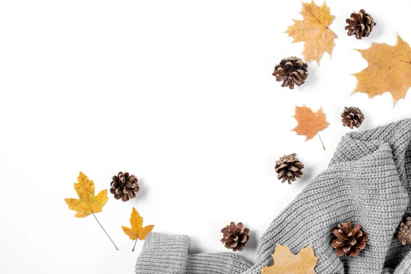 Autumn composition. Maple leaves, cones, sweater on white background.Autumn, fall, thanksgiving day concept. Flat lay, top view, copy space — Stock Photo, Image