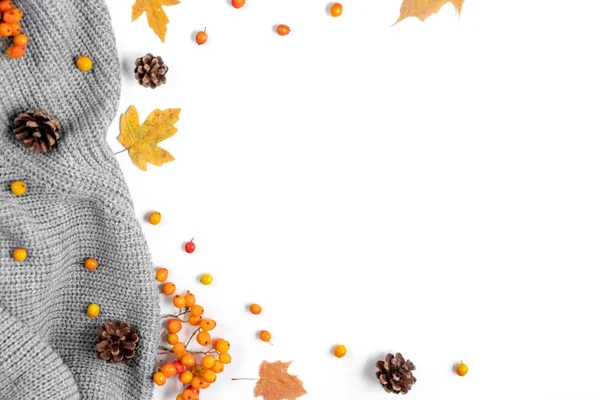 Autumn composition. Maple leaves, cones, sweater and rowan on white background.Autumn, fall, thanksgiving day concept. Flat lay, top view, copy space. — Stock Photo, Image