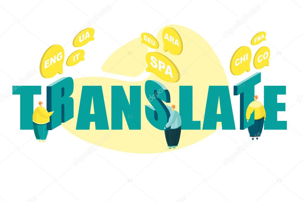 Concept of translating and interpreting for web banners. Digital translator, portable translator, electronic language translator concept on white and yellow background. Flat vector illustration