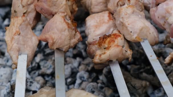 Fritovací Kebab Vaří Špejlích Venku Jídlo Oslavu Grilování Syrové Maso — Stock video